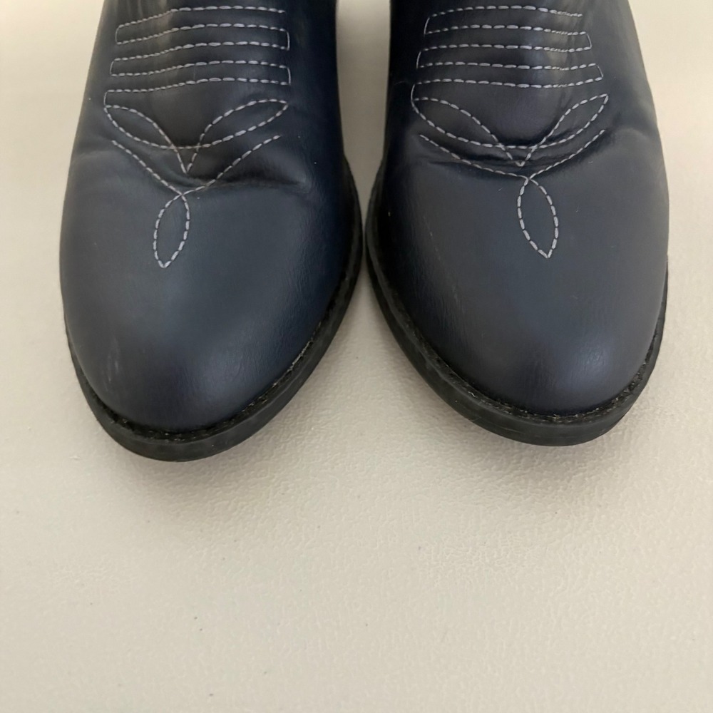 Navy Blue Western Cowboy Boots Faux Leather Pointed Toe Block Heel Mid Calf - Picture 8 of 11